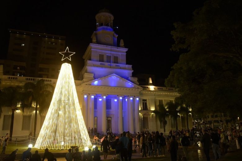 Se iluminó el pino de navidad en la Plaza Olmos de la Juventud