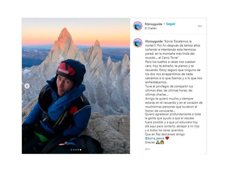 El emotivo mensaje del escalador argentino en memoria de su compañero italiano que murió en la avalancha en El Chaltén