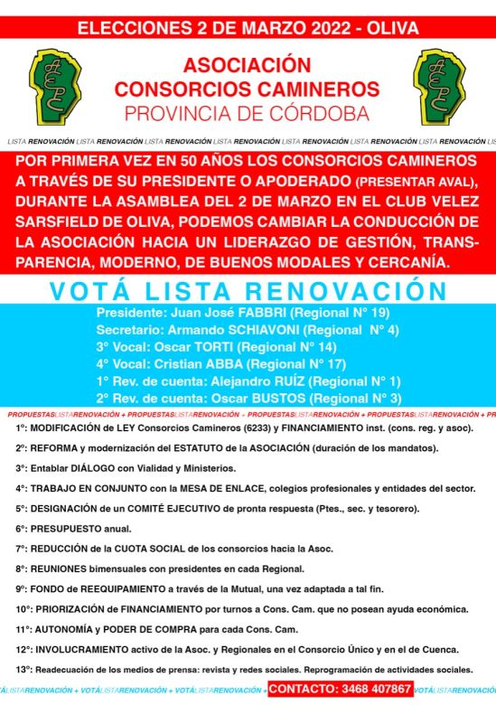 Este 2 marzo se define la nueva conducción de la Asociación de Consorcios Camineros de Córdoba