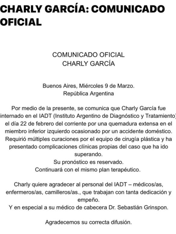 Difunden el primer parte médico de Charly García, internado por quemaduras en una pierna: “Su pronóstico es reservado”