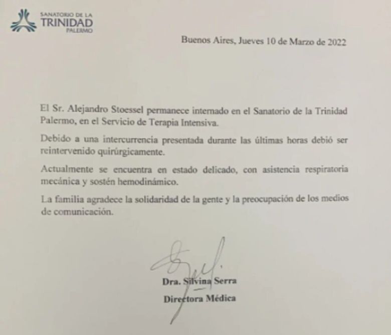 Nuevo parte médico sobre la salud de Alejandro Stoessel: “Se encuentra en estado delicado”