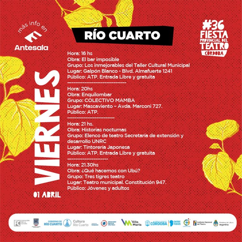 Desde el 1 al 3 de abril se realiza la Fiesta Provincial del Teatro en Río Cuarto