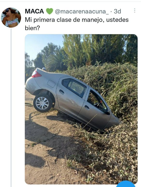 “¿Ustedes bien?” Su primera clase de manejo terminó con el auto en una zanja y lo contó en Twitter