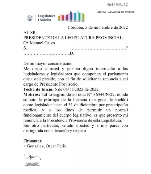 Oscar González renunció a la Presidencia Provisoria de la Legislatura