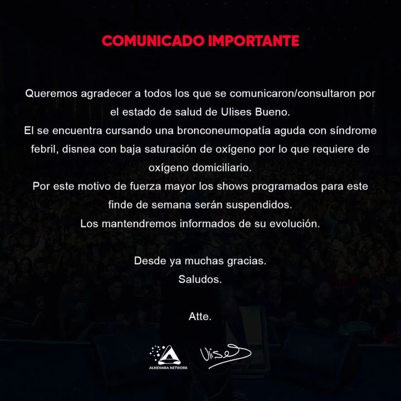 Ulises Bueno canceló sus shows y su salud generó preocupación: sufre un cuadro de bronconeumopatía aguda