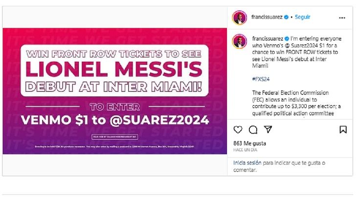 Alcalde republicano de Miami financia su campaña a presidente con entradas para ver a Messi