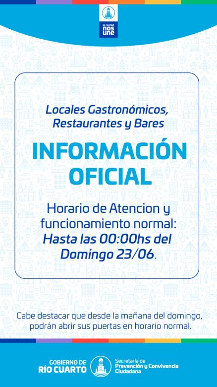 Locales Gastronómicos, Restaurantes y Bares: funcionamiento  normal hasta las 00:00 hr